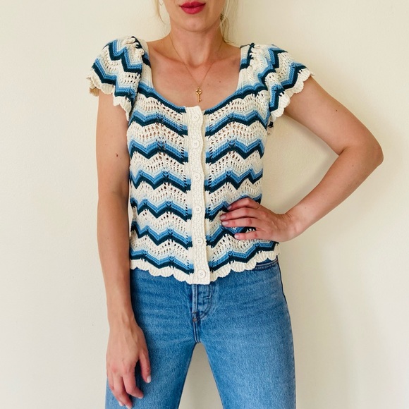 New Broadway 38 crochet knit striped boho button down sweater blouse zigzag top - Picture 2 of 8